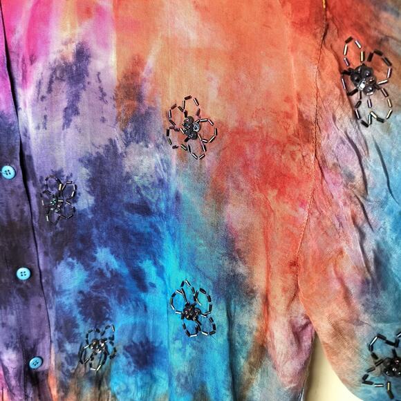 2 Of Us Tie Dye Button Up Shirt Beaded Flower Boho Hippie - Picture 8 of 14
